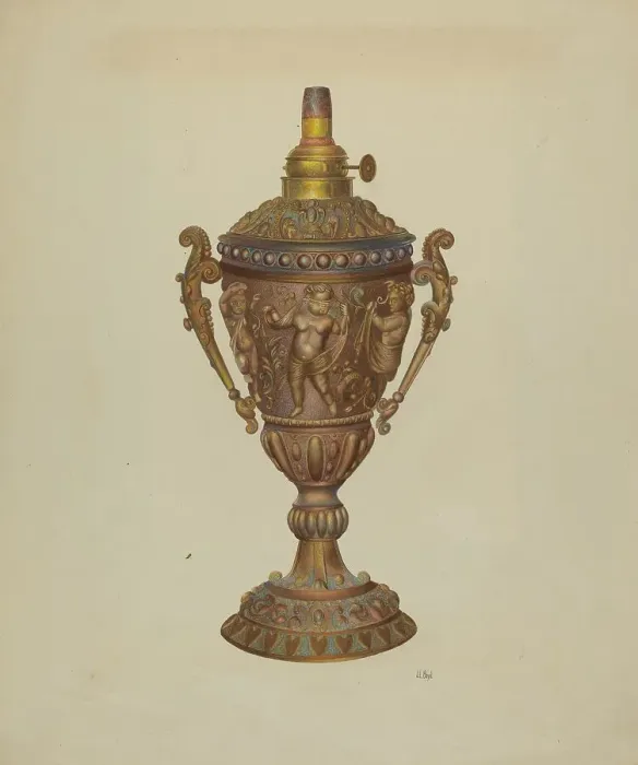 Framed Print : Ornamental Oil Lamp, c. 1940. Creator: Joseph L. Boyd Framed Print : Ornamental Oil Lamp, c. 1940. Creator: Joseph L. Boyd
