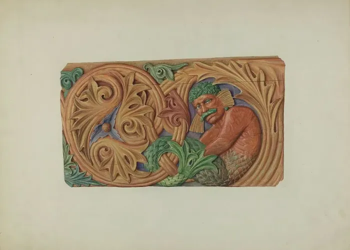 Framed Print : Ornamental Woodcarving - Stern Board?, c. 1940. Creator: Laura Bilodeau Framed Print : Ornamental Woodcarving - Stern Board?, c. 1940. Creator: Laura Bilodeau