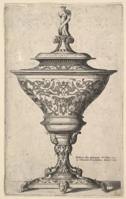 Framed Print : Ornate goblet on feet of masks, 1645. Creator: Wenceslaus Hollar