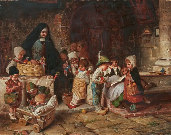 Framed Print : In the orphanage. Young nun distributes toy figures and apples to the children. Creator: Kaulbach, Hermann von (1846-1909) Framed Print : In the orphanage. Young nun distributes toy figures and apples to the children. Creator: Kaulbach, Hermann von (1846-1909)