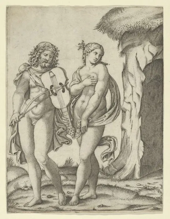 Framed Print : Orpheus standing at left playing the violin, Eurydice at right covering herself, ca... ca. 1509. Creator: Marcantonio Raimondi Framed Print : Orpheus standing at left playing the violin, Eurydice at right covering herself, ca... ca. 1509. Creator: Marcantonio Raimondi