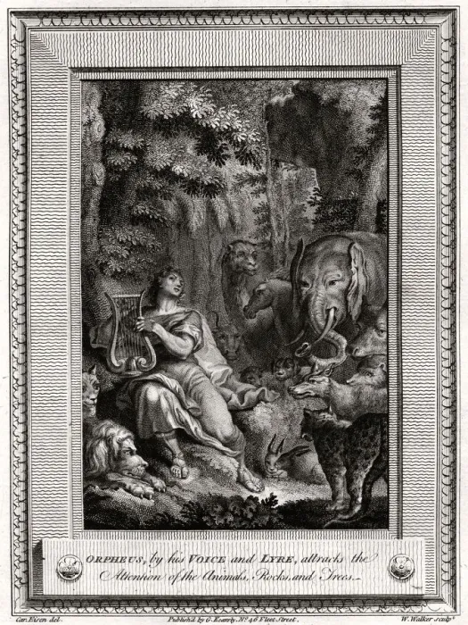 Framed Print : Orpheus, by his Voice and Lyre, attracts the attention of the Animals, Rocks and Trees, 1774. Artist: W Walker Framed Print : Orpheus, by his Voice and Lyre, attracts the attention of the Animals, Rocks and Trees, 1774. Artist: W Walker