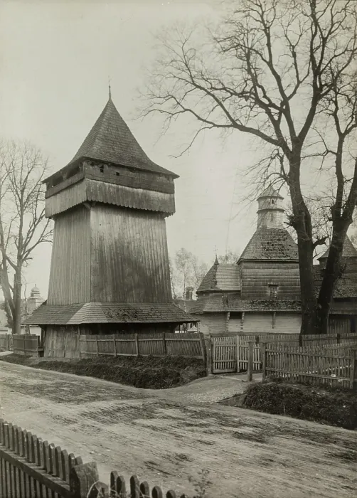 Framed Print : Orthodox Church of the Holy Cross - wooden church and belfry, Drohobych, between 1910-1914. Creator: Unknown Framed Print : Orthodox Church of the Holy Cross - wooden church and belfry, Drohobych, between 1910-1914. Creator: Unknown