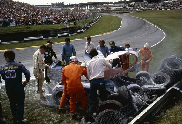 Osella - Alfa Romeo, Jo Gartner, crashed on first lap 1984 British Grand Prix. Creator: Unknown