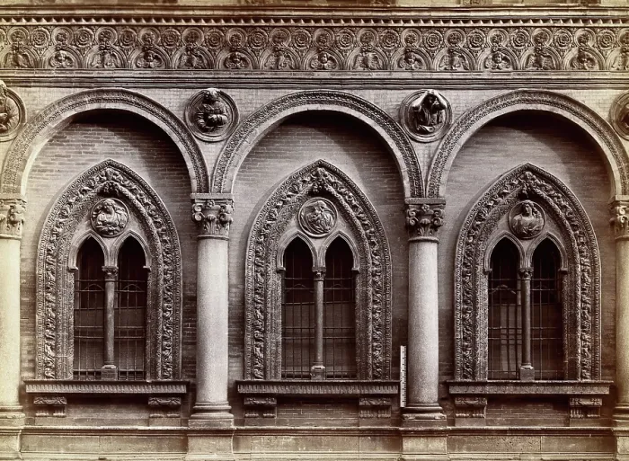 Framed Print : Ospedale Maggiore, Milan: three windows carved with relief sculpture, c1860s. Creator: Fratelli Alinari Framed Print : Ospedale Maggiore, Milan: three windows carved with relief sculpture, c1860s. Creator: Fratelli Alinari