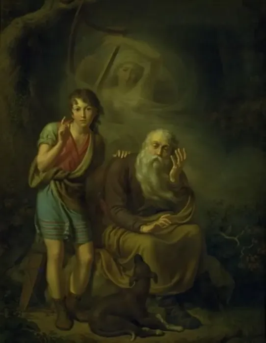 Framed Print : Ossian and Alpin's Son Hearing the Spirit of Malvina Touching the Harp, 1816. Creator: Christian Gottlieb Kratzenstein-Stub Framed Print : Ossian and Alpin's Son Hearing the Spirit of Malvina Touching the Harp, 1816. Creator: Christian Gottlieb Kratzenstein-Stub