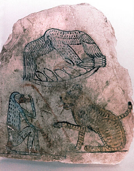 Ostracon Fragment, Cheetah, Bird and Monkey, Egypt