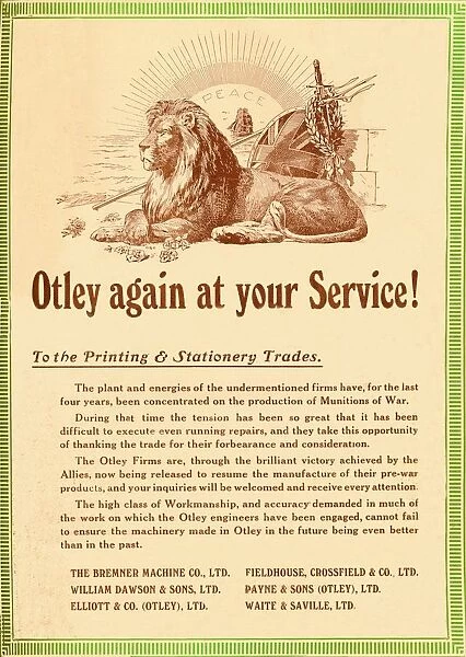 Otley again at your service - To the Printing & Stationery Trades, 1919. Artist: Garratt & Atkinson