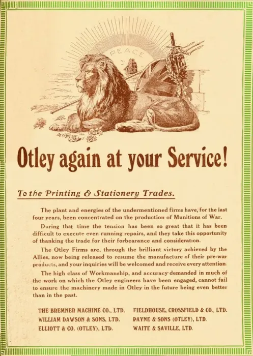 Framed Print : Otley again at your service - To the Printing & Stationery Trades, 1919. Artist: Garratt & Atkinson Framed Print : Otley again at your service - To the Printing & Stationery Trades, 1919. Artist: Garratt & Atkinson