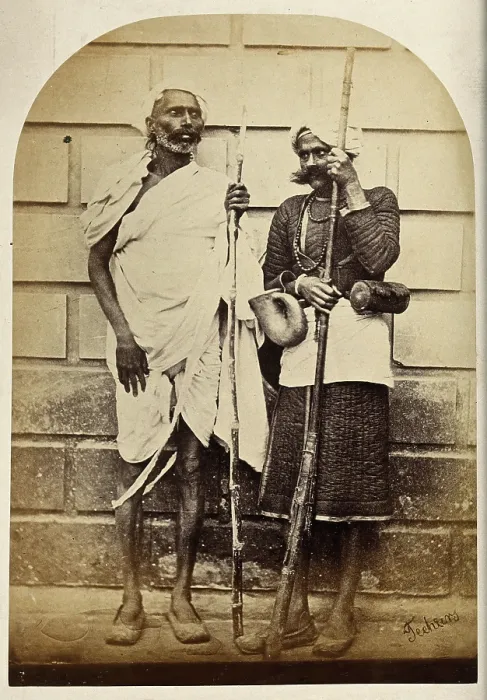 Framed Print : Oude, India: two men holding long sticks, c1860. Creator: Unknown Framed Print : Oude, India: two men holding long sticks, c1860. Creator: Unknown