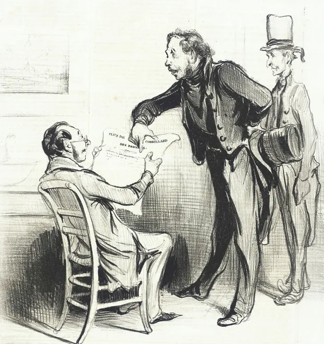 Framed Print : Oui, Monsieur, moyennant un petit abonnement à notre assurance.. 1838. Creator: Honore Daumier Framed Print : Oui, Monsieur, moyennant un petit abonnement à notre assurance.. 1838. Creator: Honore Daumier