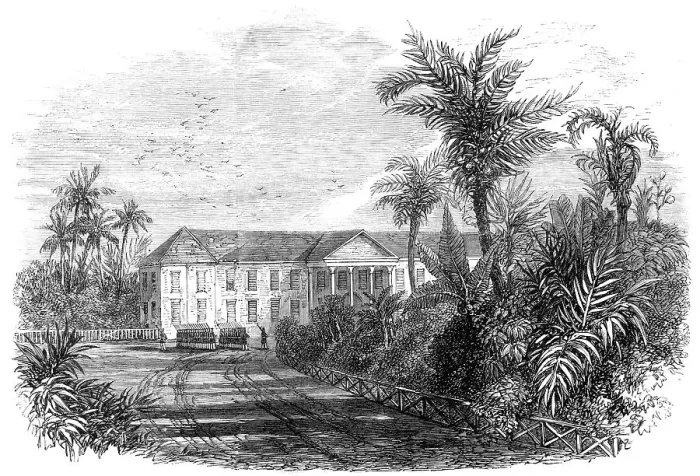 Framed Print : The Outbreak in Jamaica: the Governor's House, Spanish Town, 1865. Creator: Unknown Framed Print : The Outbreak in Jamaica: the Governor's House, Spanish Town, 1865. Creator: Unknown