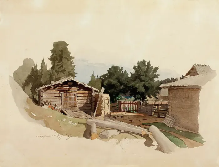 Framed Print : Outbuildings of the farmhouse, 1859. Creator: Werner Holmberg Framed Print : Outbuildings of the farmhouse, 1859. Creator: Werner Holmberg