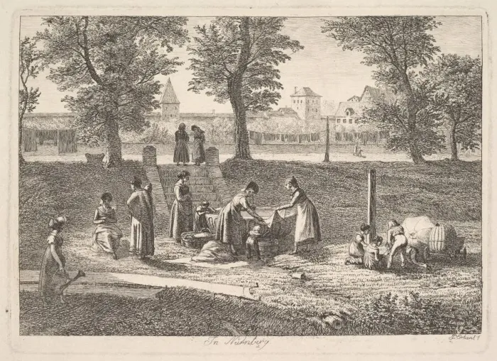 Framed Print : Outdoor Scene of Women in Domestic Activities in Nurnberg, 19th century Framed Print : Outdoor Scene of Women in Domestic Activities in Nurnberg, 19th century