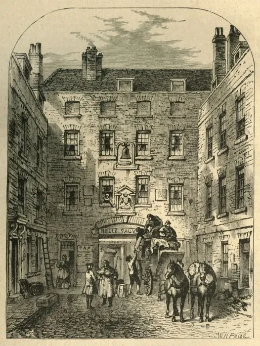 Framed Print : Outer Court of La Belle Sauvage in 1828, (1897). Creator: Unknown Framed Print : Outer Court of La Belle Sauvage in 1828, (1897). Creator: Unknown
