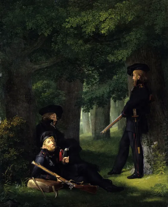 Framed Print : Outpost Duty (Theodor Korner, Karl Friedrich Friesen and Heinrich Hartmann), 1815. Artist: Kersting, Georg Friedrich (1785-1847) Framed Print : Outpost Duty (Theodor Korner, Karl Friedrich Friesen and Heinrich Hartmann), 1815. Artist: Kersting, Georg Friedrich (1785-1847)
