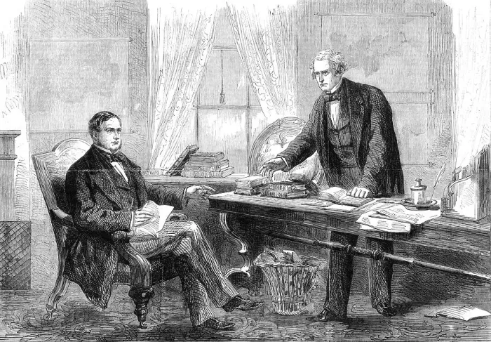 Framed Print : The Outrage on the Trent: Lord Lyons communicating Early Russell's despatch to Mr... 1862. Creator: Unknown Framed Print : The Outrage on the Trent: Lord Lyons communicating Early Russell's despatch to Mr... 1862. Creator: Unknown