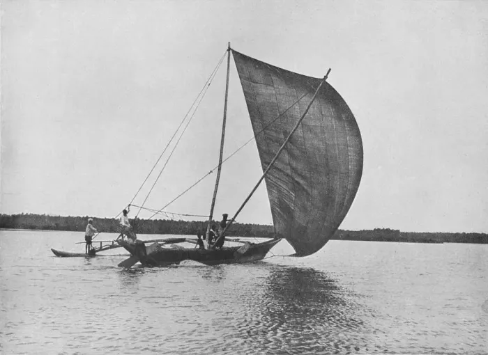 Framed Print : Outrigger Canoe in Full Sail on Negombo Lake, c1890, (1910). Artist: Alfred William Amandus Plate Framed Print : Outrigger Canoe in Full Sail on Negombo Lake, c1890, (1910). Artist: Alfred William Amandus Plate