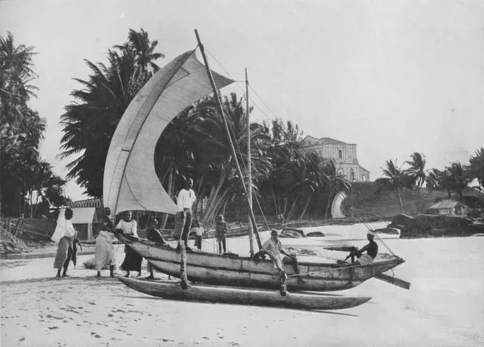 Framed Print : Outrigger Fishing Canoe at Mount Lavinia Sea Shore, c1890, (1910). Artist: Alfred William Amandus Plate Framed Print : Outrigger Fishing Canoe at Mount Lavinia Sea Shore, c1890, (1910). Artist: Alfred William Amandus Plate