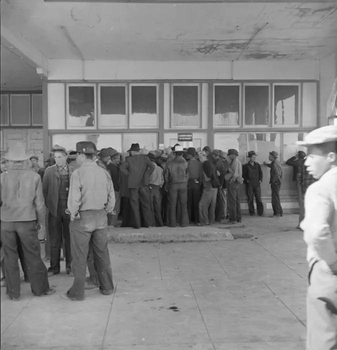 Framed Print : Outside FSA grant office during the pea harvest, Calipatria, California, 1939. Creator: Dorothea Lange Framed Print : Outside FSA grant office during the pea harvest, Calipatria, California, 1939. Creator: Dorothea Lange