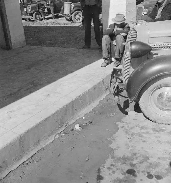 Framed Print : Outside FSA grant office during the pea harvest, Calipatria, California, 1939. Creator: Dorothea Lange Framed Print : Outside FSA grant office during the pea harvest, Calipatria, California, 1939. Creator: Dorothea Lange