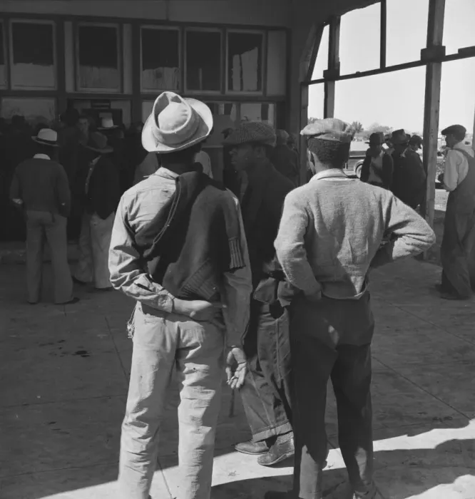 Framed Print : Outside the FSA grant office during the pea harvest, Calipatria, California, 1939. Creator: Dorothea Lange Framed Print : Outside the FSA grant office during the pea harvest, Calipatria, California, 1939. Creator: Dorothea Lange
