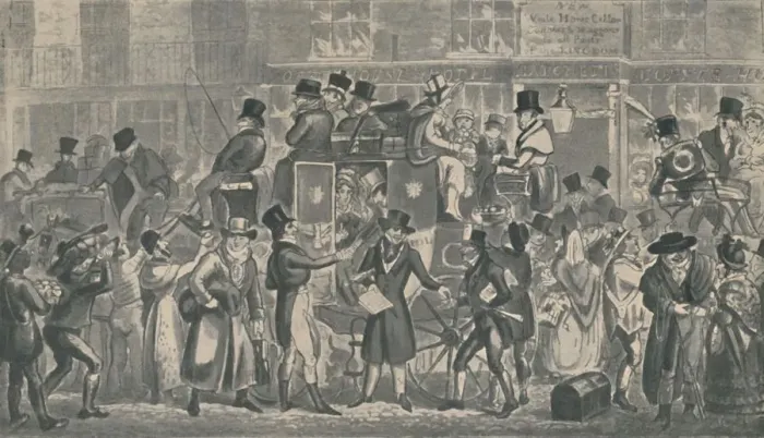 Framed Print : Outside White Horse Cellar, Piccadilly, 1821, (1920). Artists: Isaac Robert Cruikshank Framed Print : Outside White Horse Cellar, Piccadilly, 1821, (1920). Artists: Isaac Robert Cruikshank