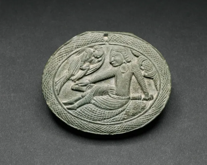 Framed Print : Oval Cosmetic Box Lid with a Man Being Entertained by a Lyrist, 5th / 6th century Framed Print : Oval Cosmetic Box Lid with a Man Being Entertained by a Lyrist, 5th / 6th century