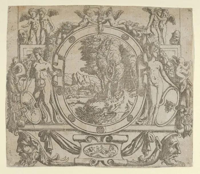Framed Print : Oval landscape in an ornate frame, ca. 1542-45. ca. 1542-45. Creator: Anon Framed Print : Oval landscape in an ornate frame, ca. 1542-45. ca. 1542-45. Creator: Anon