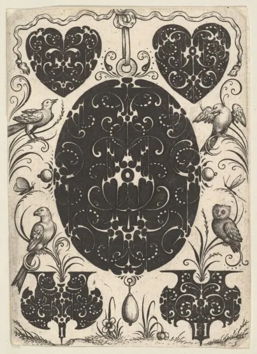 Framed Print : Oval Pendant Decorated with Schweifwerk, Surrounded by Smaller Motifs and Four Birds, ca Framed Print : Oval Pendant Decorated with Schweifwerk, Surrounded by Smaller Motifs and Four Birds, ca