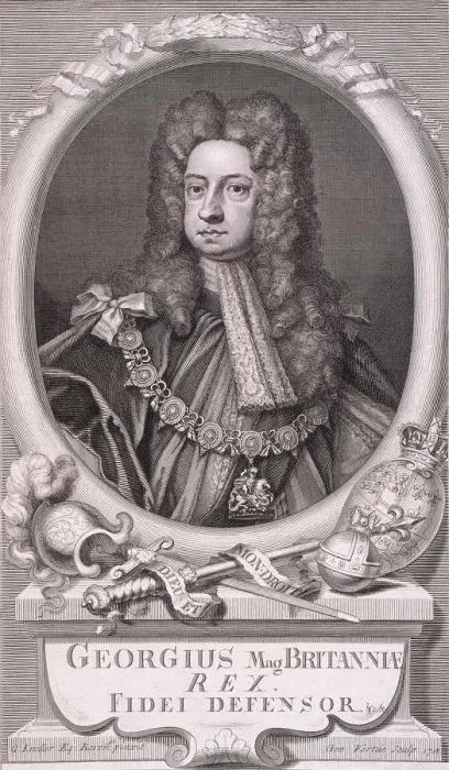 Framed Print : Oval portrait of George I, King of Great Britain, 1718. Artist: George Vertue Framed Print : Oval portrait of George I, King of Great Britain, 1718. Artist: George Vertue