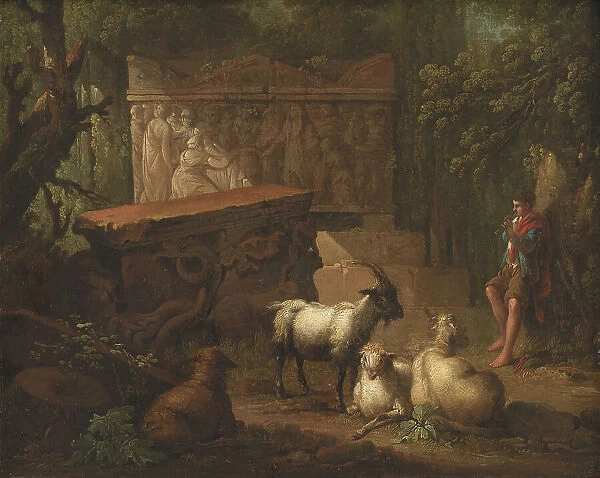 Overgrown ruins, with shepherd and goats in foreground, 1745-1786. Creator: Johan Edvard Mandelberg