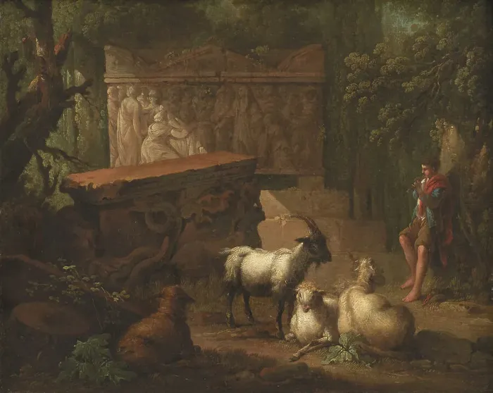 Framed Print : Overgrown ruins, with shepherd and goats in foreground, 1745-1786. Creator: Johan Edvard Mandelberg Framed Print : Overgrown ruins, with shepherd and goats in foreground, 1745-1786. Creator: Johan Edvard Mandelberg