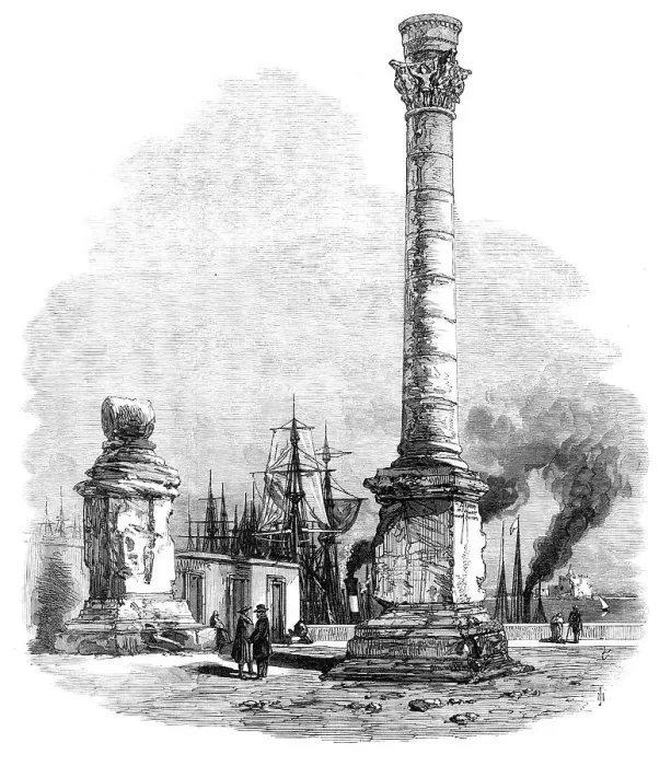 Framed Print : Overland route to India: the two columns at Brindisi, marking the terminus of the Appian Way, 1869. Creator: Unknown Framed Print : Overland route to India: the two columns at Brindisi, marking the terminus of the Appian Way, 1869. Creator: Unknown