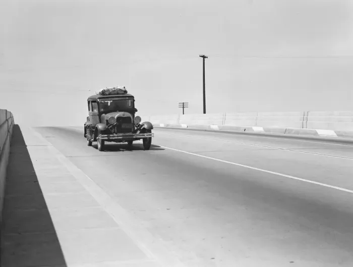 Framed Print : Overpass on U. S. 99, between Tulare and Fresno, California, 1939. Creator: Dorothea Lange Framed Print : Overpass on U. S. 99, between Tulare and Fresno, California, 1939. Creator: Dorothea Lange