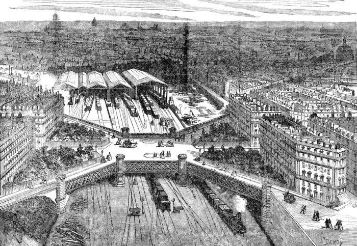 Framed Print : Overview of the European Square in Paris, raised over railroad lines, engraving 1867