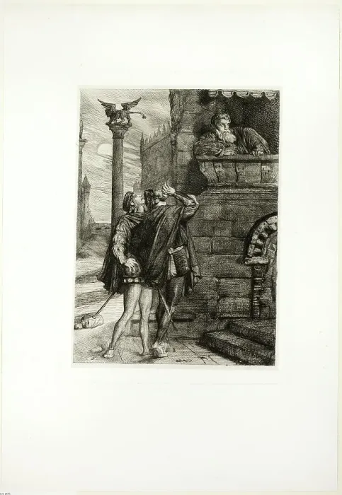 Framed Print : Owake! what ho! Brabantio! thieves! thieves!, plate one from Othello, 1844. Creator: Theodore Chasseriau Framed Print : Owake! what ho! Brabantio! thieves! thieves!, plate one from Othello, 1844. Creator: Theodore Chasseriau