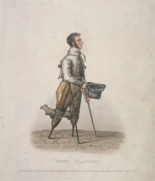 Framed Print : Owen Clancy, begging with his hat in hand, on crutches and with devices strapped to his legs, 1820 Framed Print : Owen Clancy, begging with his hat in hand, on crutches and with devices strapped to his legs, 1820