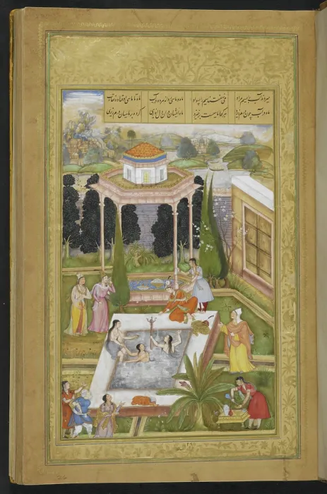 Framed Print : The owner of the garden discovering maidens bathing in the pool... 1595. Creator: Sanwlah Framed Print : The owner of the garden discovering maidens bathing in the pool... 1595. Creator: Sanwlah