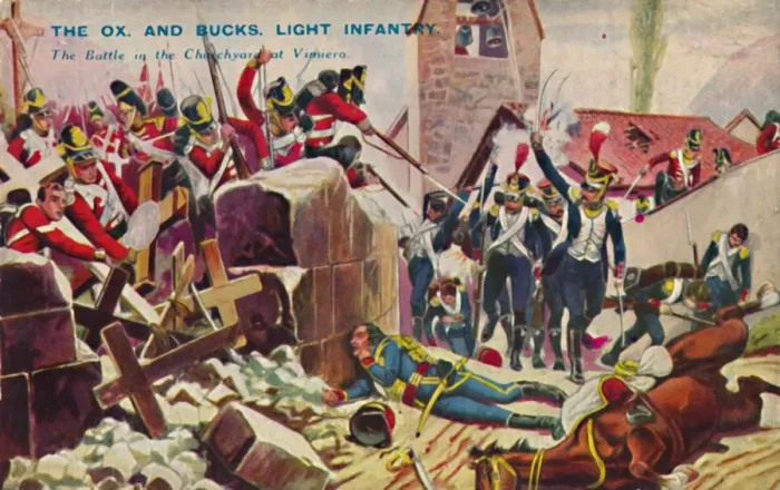 Framed Print : The Ox. And Bucks. Light Infantry. The Battle in the Churchyard at Vimiero, 1808, (1939) Framed Print : The Ox. And Bucks. Light Infantry. The Battle in the Churchyard at Vimiero, 1808, (1939)