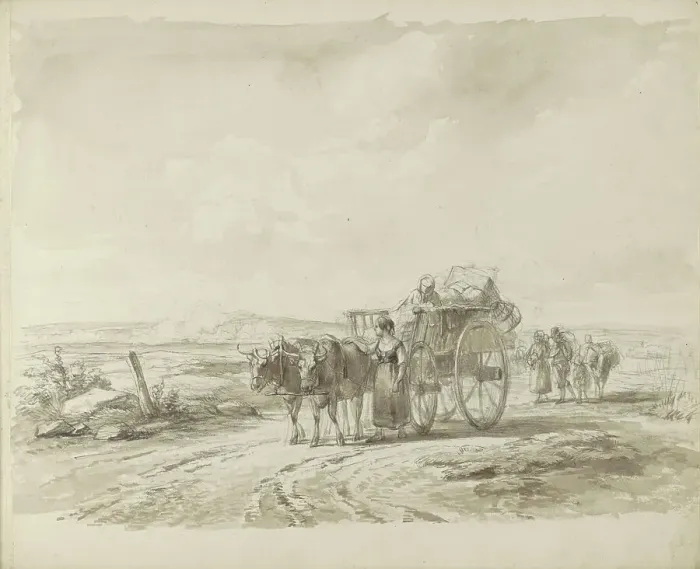 Framed Print : Ox cart and figures on a country road, 1800-1899. Creator: Anon Framed Print : Ox cart and figures on a country road, 1800-1899. Creator: Anon