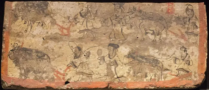 Framed Print : Ox ploughing. From tomb room, 3rd cen. AD. Creator: Chinese Master Framed Print : Ox ploughing. From tomb room, 3rd cen. AD. Creator: Chinese Master