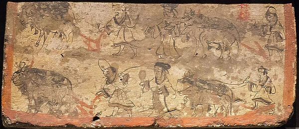 Ox ploughing. From tomb room, 3rd cen. AD. Creator: Chinese Master