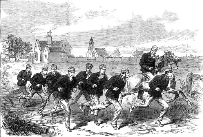 Framed Print : The Oxford and Cambridge Boat-Race: the Cambridge crew training on Barnes-Common, 1868. Creator: Unknown Framed Print : The Oxford and Cambridge Boat-Race: the Cambridge crew training on Barnes-Common, 1868. Creator: Unknown