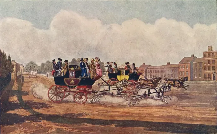 Framed Print : The Oxford and Opposition Coaches, 1906 Artist: W Flavell Framed Print : The Oxford and Opposition Coaches, 1906 Artist: W Flavell