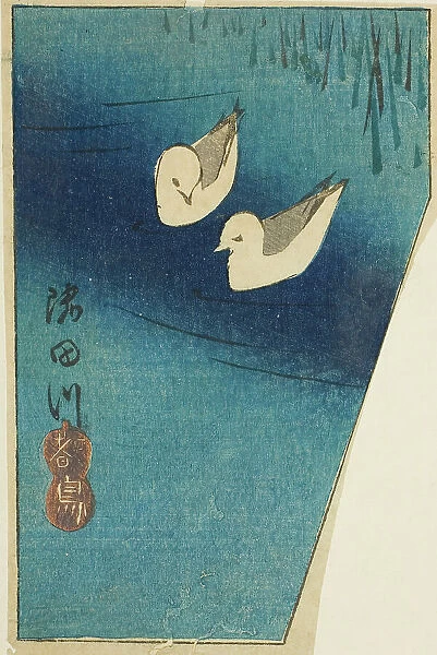 Oystercatchers on the Sumida River (Sumidagawa, miyakodori), section of a sheet from... c. 1850. Creator: Ando Hiroshige