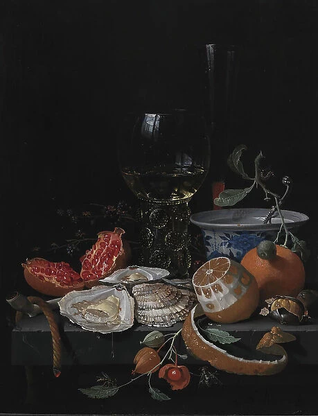 Oysters, Fruit and a Wineglass on a Stone Table, 1671-1679. Creator: Abraham Mignon
