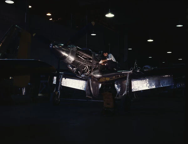 P-51 ('Mustang') fighter plane in construction, North American Aviation, Inc. LA, Calif. (1942?). Creator: Alfred T Palmer