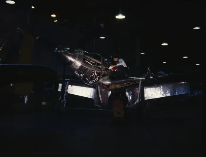 Framed Print : P-51 ('Mustang') fighter plane in construction, North American Aviation, Inc. LA, Calif. (1942?). Creator: Alfred T Palmer Framed Print : P-51 ('Mustang') fighter plane in construction, North American Aviation, Inc. LA, Calif. (1942?). Creator: Alfred T Palmer