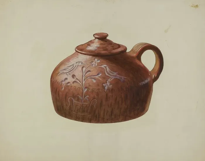 Framed Print : Pa. German Bean Pot with Lid, c. 1941. Creator: Henrietta S. Bukill Framed Print : Pa. German Bean Pot with Lid, c. 1941. Creator: Henrietta S. Bukill